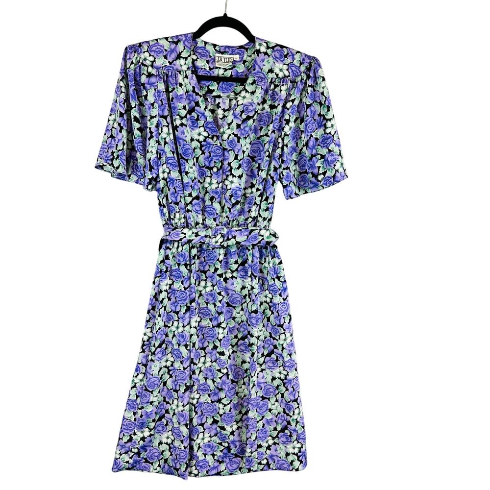 Vintage‎ J.B. Too Womans Sz 8 Dress Floral Button Short Sleeve Belted Purple